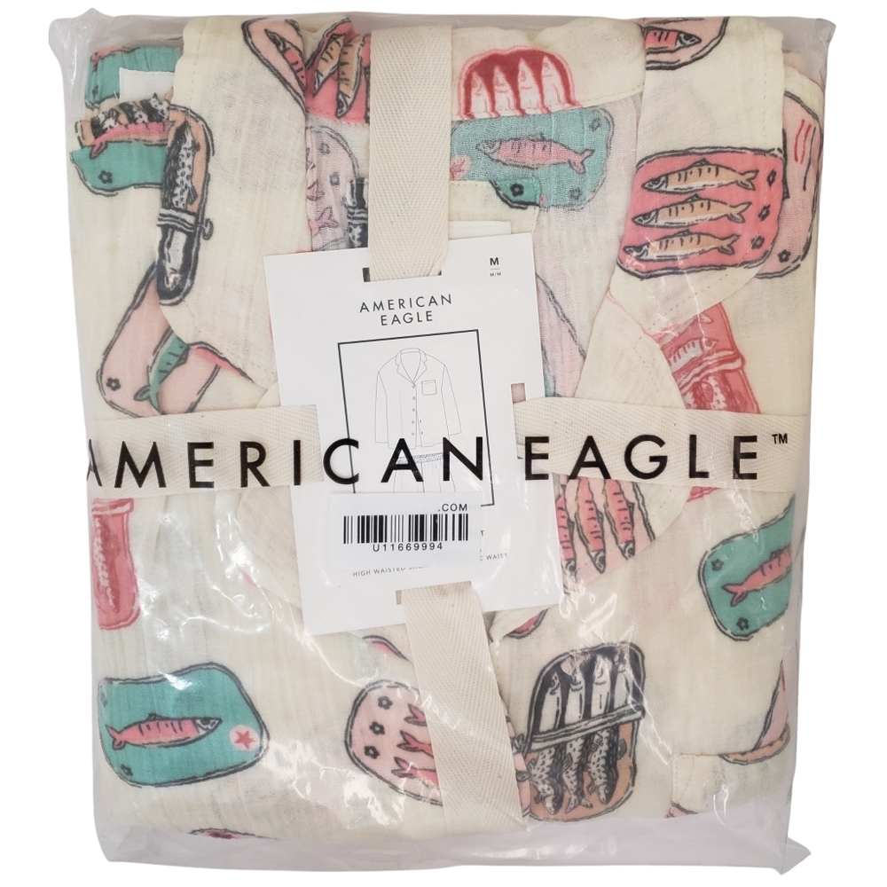 AMERICAN EAGLE Pajama Set Women Long Sleeve Shirt & Shorts Cotton Gauze NWT